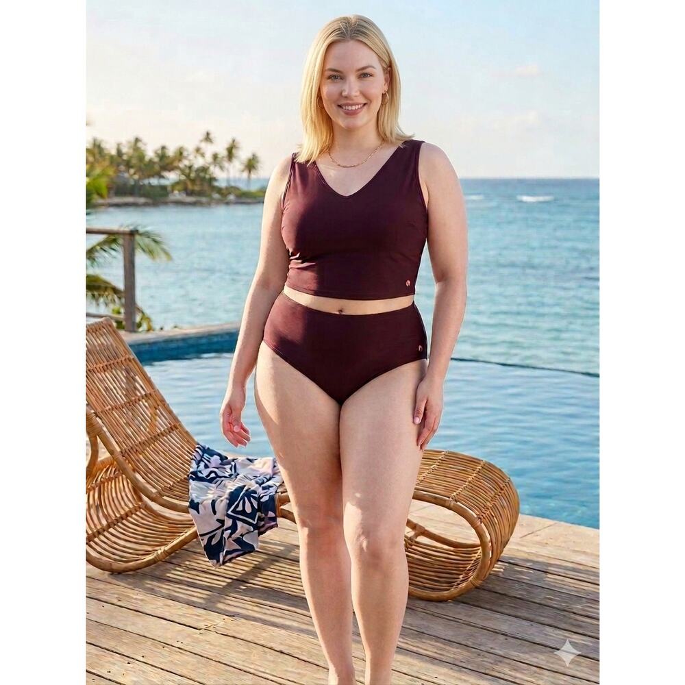 Sz 2x HONEYMARK Maroon Solid 2-Piece Swim Separates Top and Brief Set/2